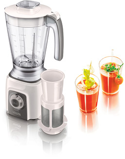 visão frontal do liquidificador Viva e dois copos de suco
