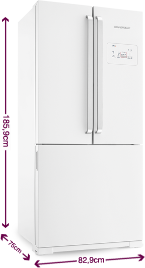 Dimesões do Refrigerador Side Inverse: Altura: 185,9cm , Largura: 82,9cm , Comprimento: 75cm e Peso: 540l