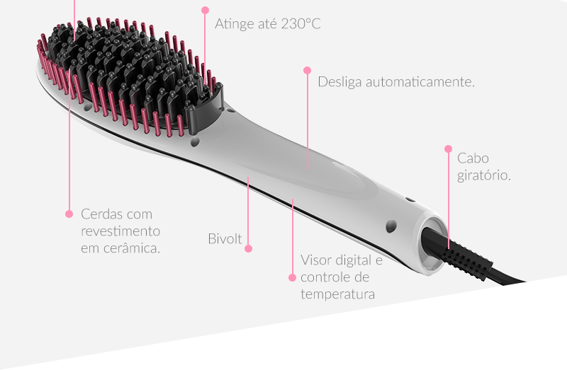 Pontas anti térmicas, atinge até 230°C, cerdas com revestimento em cerâmica, bivolt, desligamento automático e cabo giratório