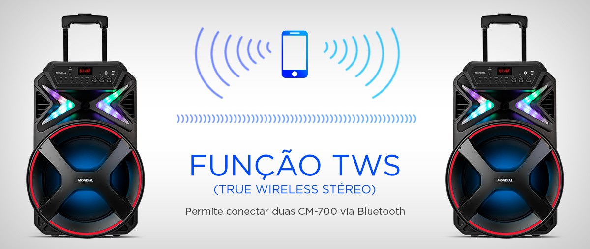 FUNÇÃO TWS. (True Wireless Stéreo). Permite conectar duas CM-700 via Bluetooth. FLASH LIGHT. Luzes coloridas que piscam e animam qualquer ambiente.