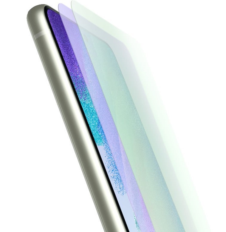 Galaxy S21 FE 5G seen from the side at an angle with two layers hovering above the screen, showing the durability of the front glass.