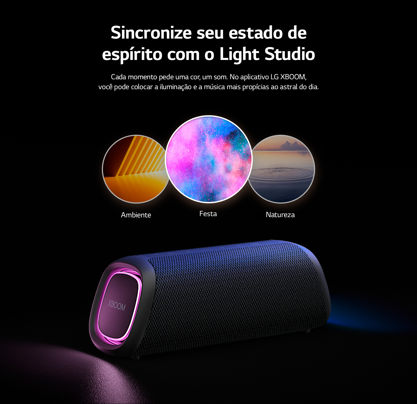 Imagem mostrando a LG XBOOM Go de lado com suas cores azuis e violeta, identificando que as cores dela podem ser ajustáveis com o aplicativo LG XBOOM Go