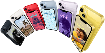 Imagem da parte da frente e de trás do iPhone 14 em seis cores: meia-noite, estelar, PRODUCT(RED), azul, roxo e amarelo.