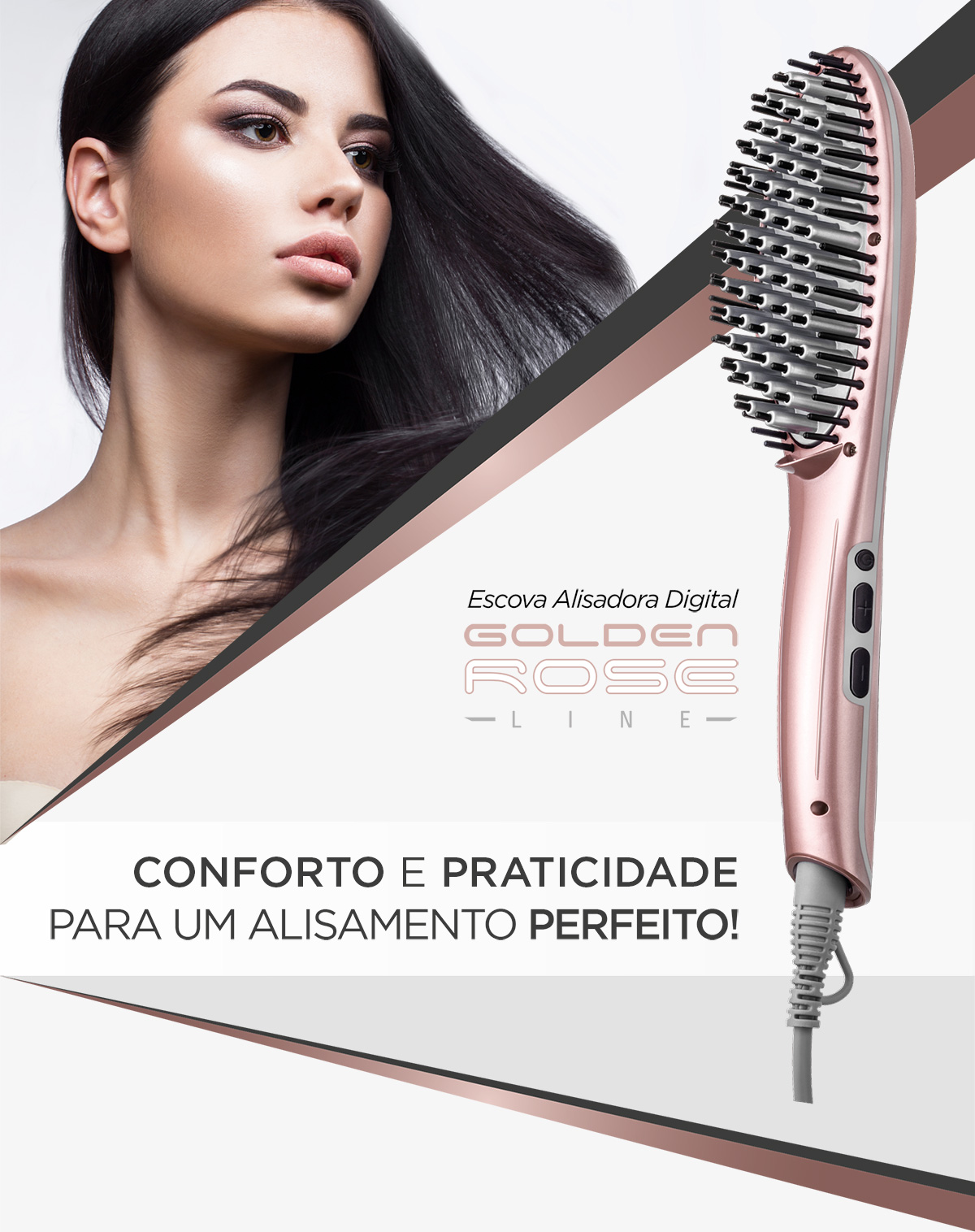 Escova Alisadora Digital Golden Rose Line. Conforte e Praticidade para um alisamento perfeito!