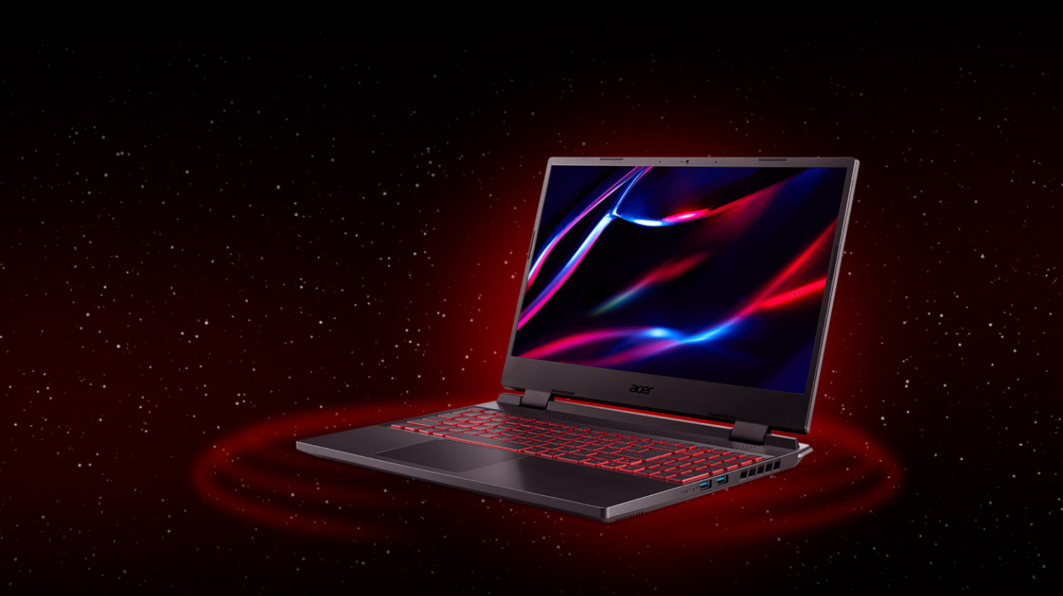 Note Acer Nitro 5,  lateral esquerda, teclado iluminado vermelho, desenho na tela em azul e vermelho, céu estrelado ao fundo.