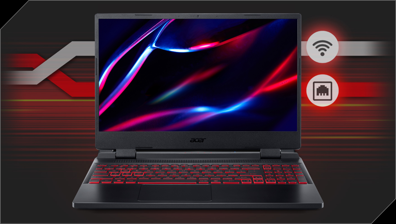 Notebook Acer Nitro 5 vista frontal, teclado iluminado em vermelho, desenho abstrato em azul e vermelho na tela.