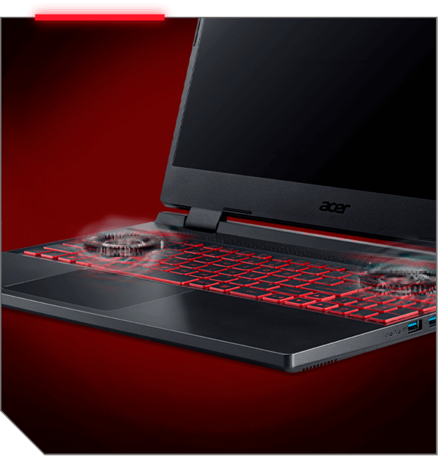 Notebook Acer Nitro 5 com tampa aberta, levemente virado à esquerda, teclado iluminado em vermelho.