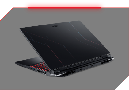 Notebook Acer Nitro 5 vista traseira e à esquerda, tampa semi-aberta, teclado iluminado em vermelho.