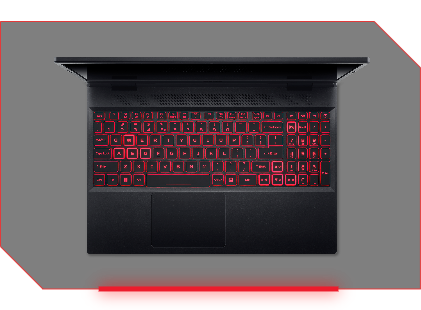 Notebook Acer Nitro 5 visto de cima, tampa aberta, teclado iluminado em vermelho.