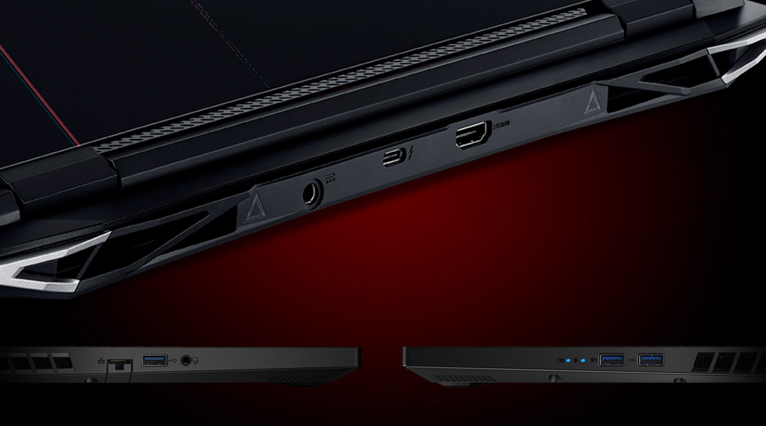 Detalhes das laterais do notebook Acer nitro 5, mostrando as entradas de conexão.