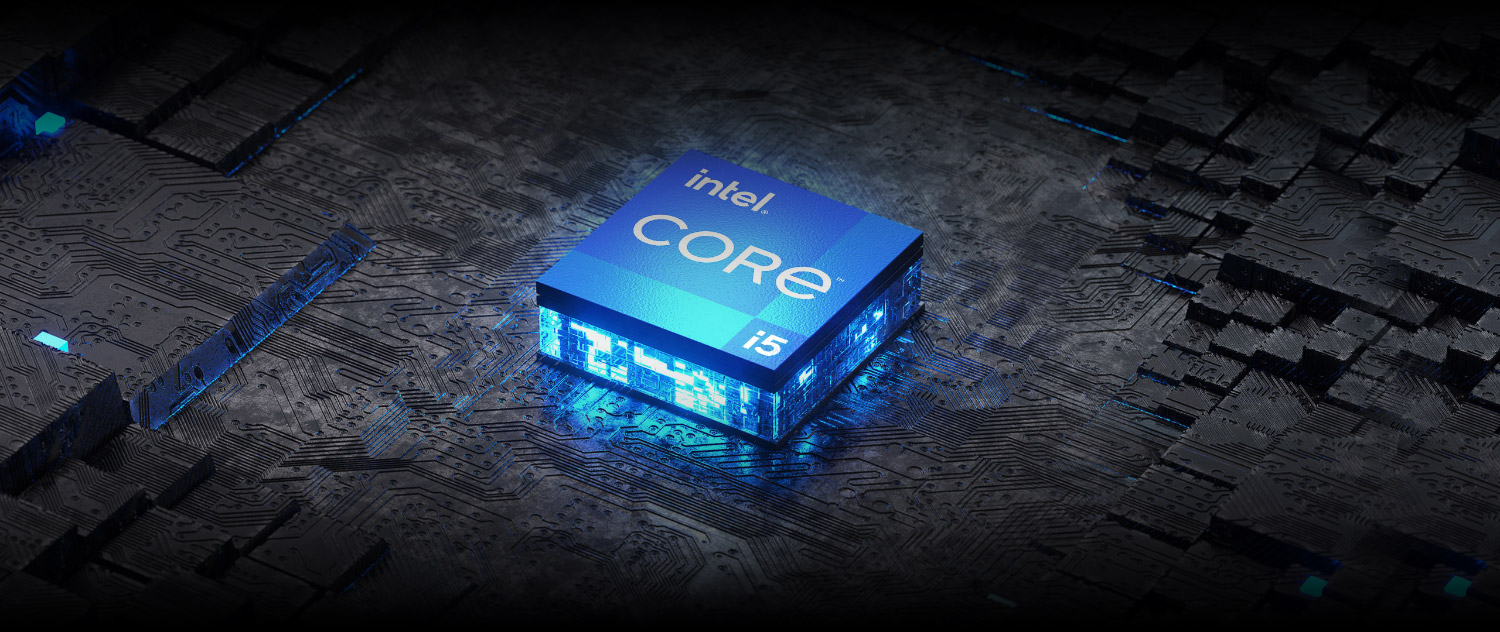 Processador Intel Core i5 em azul sobre circuitos de computador.