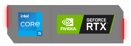 Logo do processador intel em azul e logo da placa nvidia em verde ao lado das palavras GeForce RTX em branco.