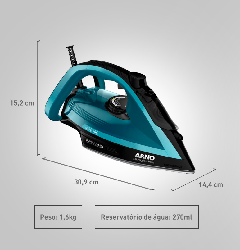 Tecnologia e inovação com design elegante e moderno. Altura 15 cm. Largura 13 cm. Profundidade 30 cm. Peso 1,3kg. Reservatório de água: 270ml.