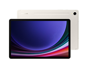Front view of a Galaxy Tab S9 in Beige with a blue wallpaper onscreen. Behind, another Galaxy Tab S9 Ultra in Beige with the back facing forward and the Samsung logo shown.