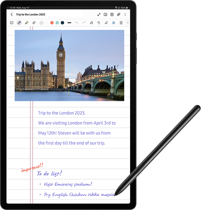 A Galaxy Tab S9 series device in Portrait mode with a note-taking app open onscreen and a piece of handwriting converted into text.