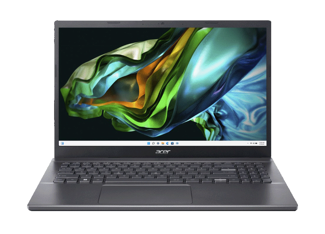 Notebook Acer Aspire 5 visto de frente com animação da tela inicial do windows 11