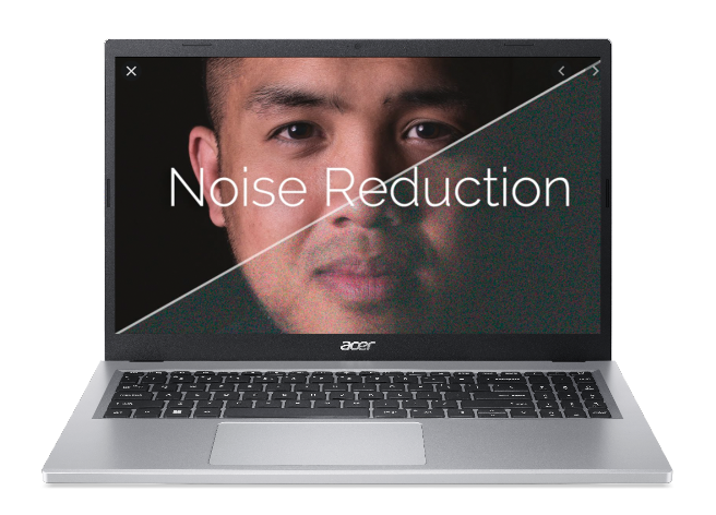 Notebook Acer Aspire 3 visto de frente com imagem de um rosto masculino e uma frase escrita Noise Reduction sobre a imagem.