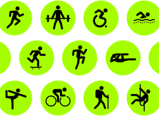 Fileiras de ícones do app Exercício com diferentes tipos de atividade.