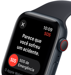 Tela de um Apple Watch SE com o recurso Detecção de Acidente e o botão Ligação de Emergência.