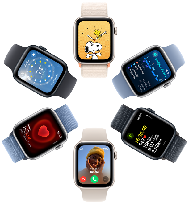 Vista aérea de seis telas do Apple Watch SE: com o mostrador Snoopy, dados do app Sono, métricas do app Exercício, uma chamada recebida, frequência cardíaca e o app Tempo.