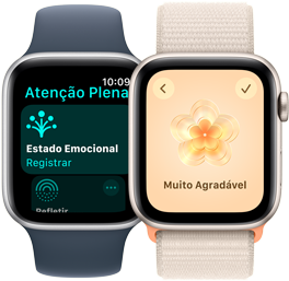 Dois modelos de Apple Watch SE. Um deles mostra o app Atenção Plena na tela com o recurso Estado Emocional em destaque. O outro mostra a opção Muito Agradável na tela.
