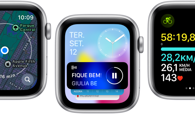 Imagem de diferentes telas do Apple Watch SE mostrando vários apps atualizados.