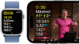 Métricas de exercícios mostradas no Apple Watch e um treino do Apple Fitness+ no iPhone.