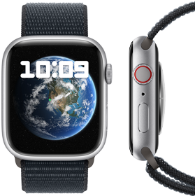 Uma imagem da parte da frente e da lateral do Apple Watch em combinação neutra em carbono.