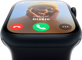Imagem da parte da frente do Apple Watch mostrando uma chamada recebida na tela.