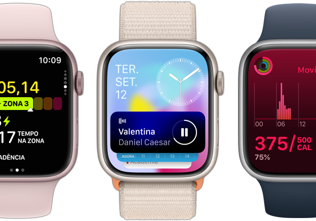 Imagem da parte da frente de cinco aparelhos Apple Watch mostrando a quantidade de informações na tela graças à atualização para o watchOS 10.