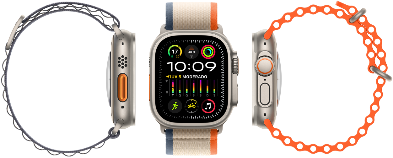 Imagem do Apple Watch Ultra 2 mostrando a compatibilidade dele com três tipos diferentes de pulseira, a tela grande, a caixa robusta de titânio, o botão de Ação laranja e a Digital Crown.