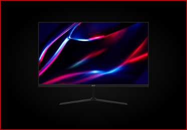 Monitor Acer visto de frente, imagem abstrata em azul e vermelho na tela.