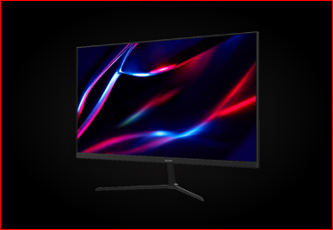Monitor Acer levemente à esquerda, imagem abstrata em azul e vermelho na tela.