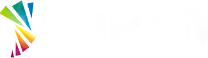 Logo com triângulos coloridos dispostas de forma circular, texto em branco HDR 10.