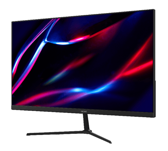 Monitor Acer virado levemente à esquerda, imagem abstrata em azul e vermelho na tela