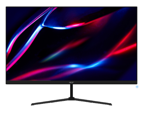 Monitor Acer visto de frente com imagem abstrata em azul e vermelho na