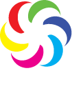 Logo com meias luas coloridas dispostas de forma circular acima de texto em branco 6 Axis Color Adjustment.