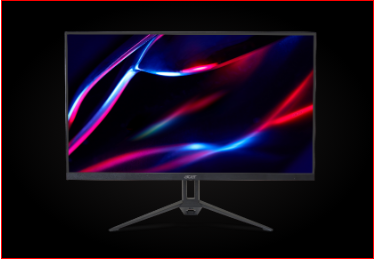 Monitor Acer visto de frente, imagem abstrata em azul e vermelho na tela.