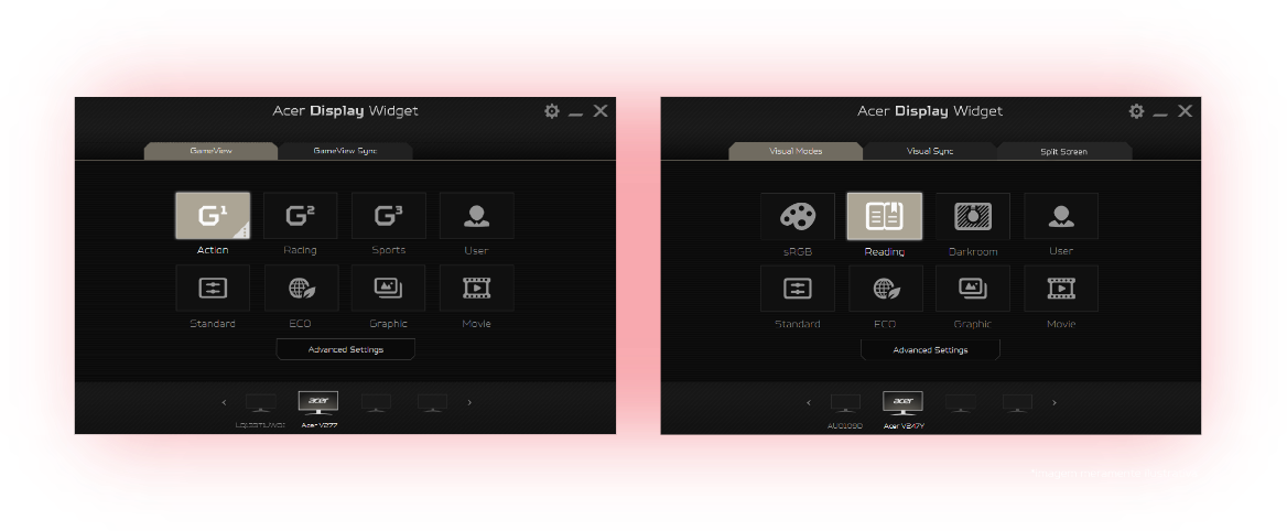 Imagens da tela com ícones das configurações do Acer display widget.