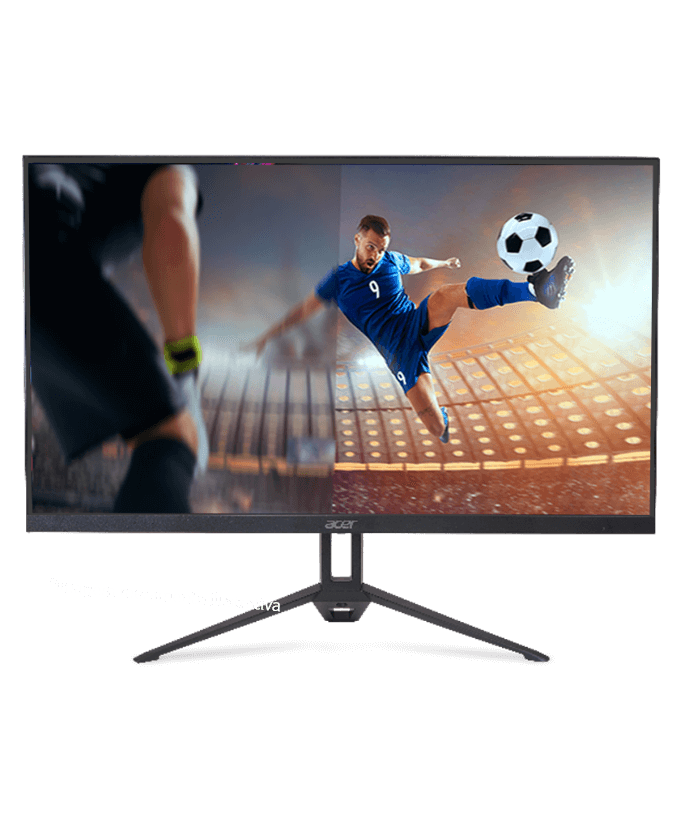 Monitor Acer com imagem de jogo de futebol na tela, onde jogador está de frente com goleiro.