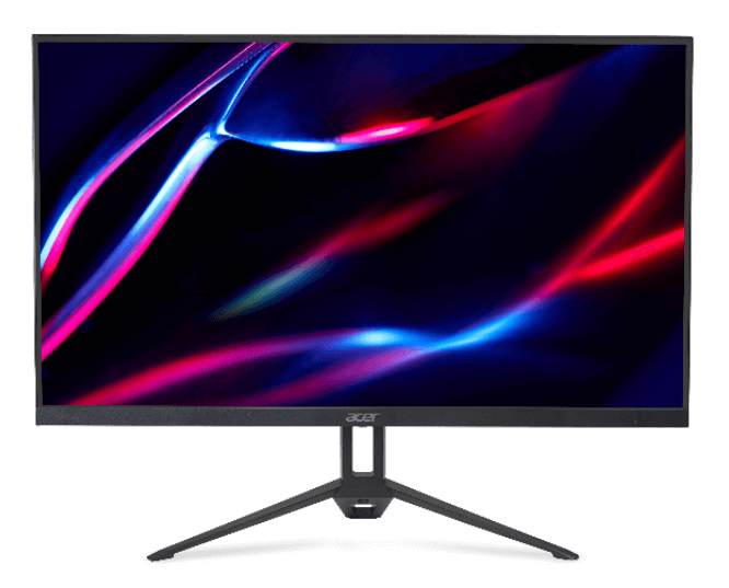 Monitor Acer virado levemente à esquerda, imagem abstrata em azul e vermelho na tela