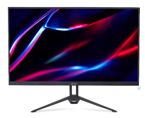 Monitor Acer visto de frente com imagem abstrata em azul e vermelho na