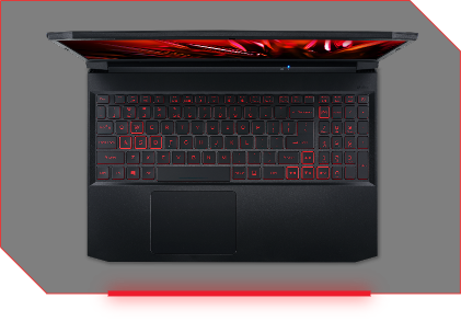 Notebook Acer Nitro 5 visto de cima, tampa aberta, teclado iluminado em vermelho.