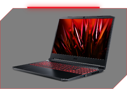 Note Acer Nitro 5 virado à esquerda, tampa aberta, teclado iluminado em vermelho, desenho de cristais vermelhos na tela.