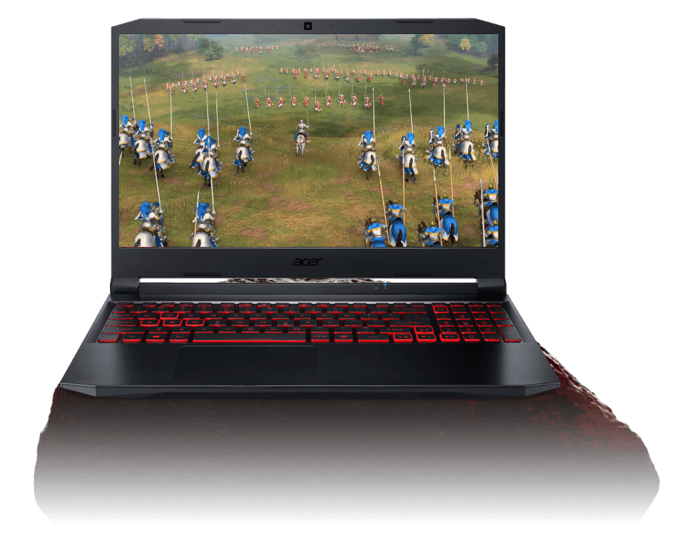 Notebook Acer Nitro 5 de frente, teclado iluminado de vermelho, sobre uma rocha. Na tela, imagem de jogo com soldados medievais.