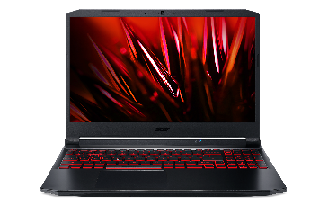 Notebook Acer Nitro 5 vista frontal, teclado iluminado em vermelho, desenho de cristais vermelhos na tela.