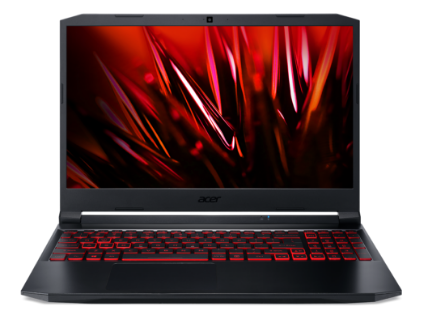 Notebook Acer Nitro 5 vista frontal, teclado iluminado em vermelho, desenho de cristais vermelhos na tela.