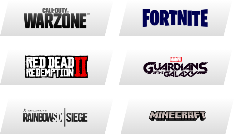 Logos de jogos: warzone, fortnite, red dead redemption, guardians of Galaxy, Rainbow six, minecraft.