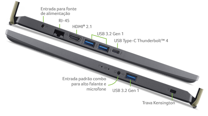 Imagem de um notebook Acer com os seus conectores laterais