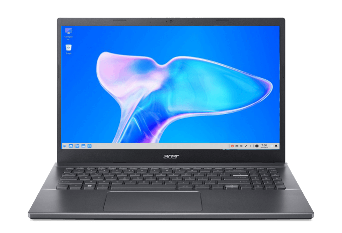 Notebook Acer Aspire 5 de frente com imagem abstrata na tela nas cor azul.